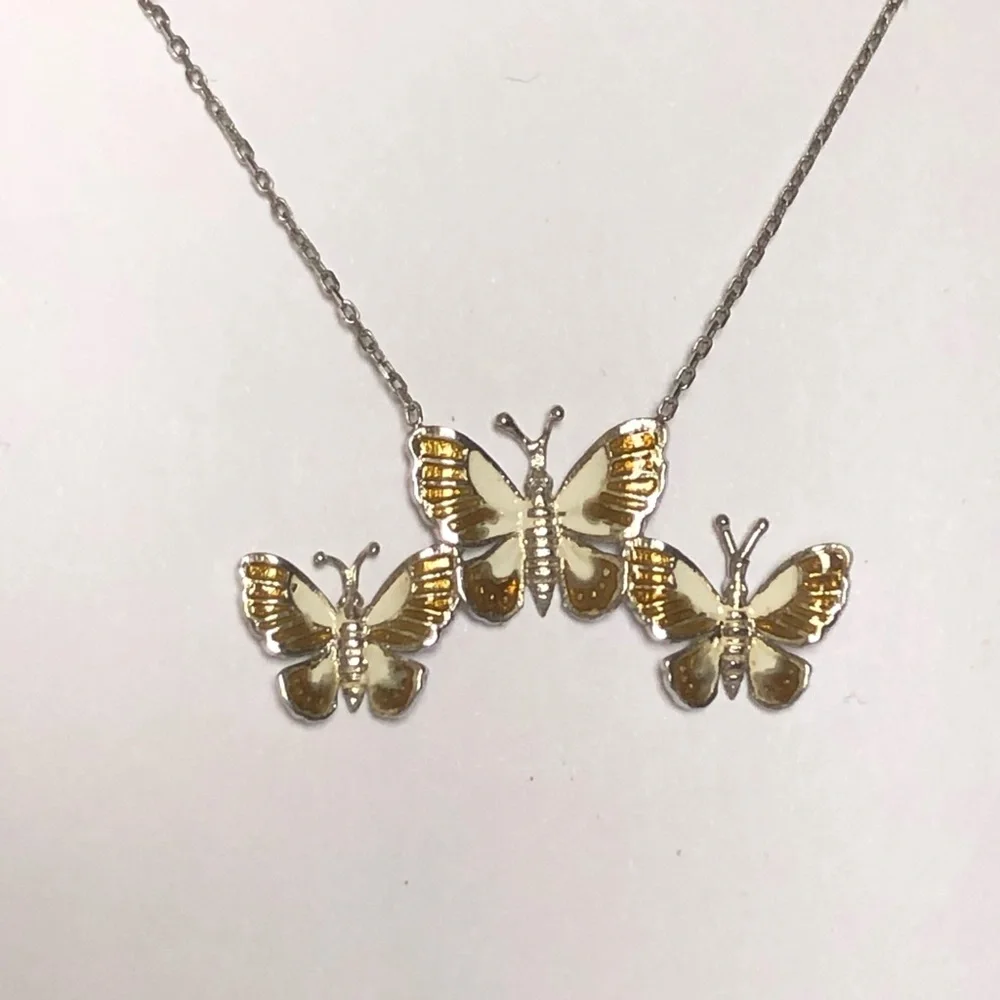 925 silver brown butterflies connected necklace handmade enamel 3 butterfly